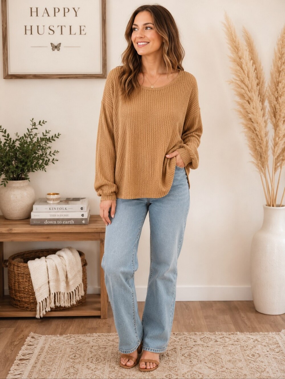 Mustard Seed Waffle Knit‎ Pullover in Camel Open Back Boho Oversized Size Medium